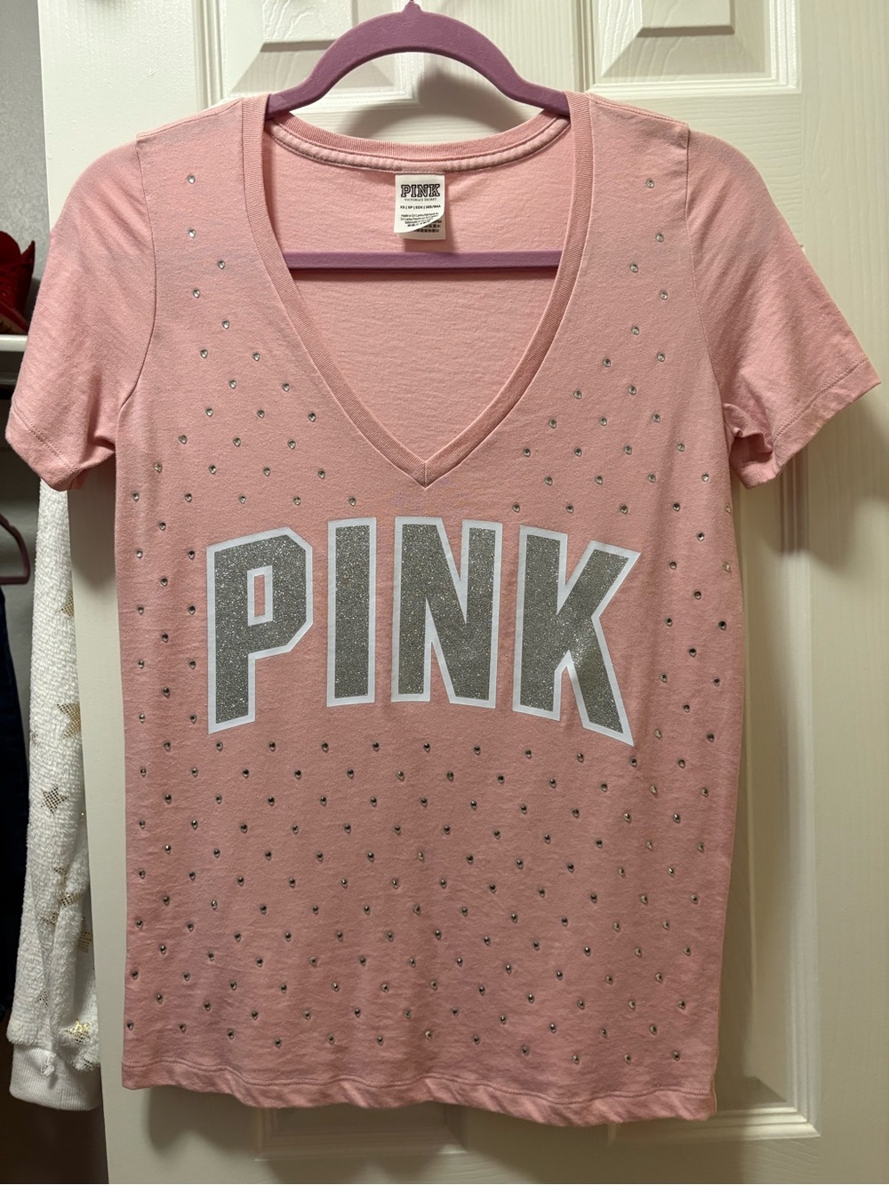 PINK Victoria's Secret Light Pink V-neck Tee with Silver Glitter Logo